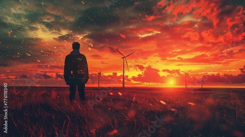 A man stands in a field of tall grass, looking out at the sunset. The sky is filled with clouds and the sun is setting, casting a warm glow over the landscape. The scene is peaceful and serene