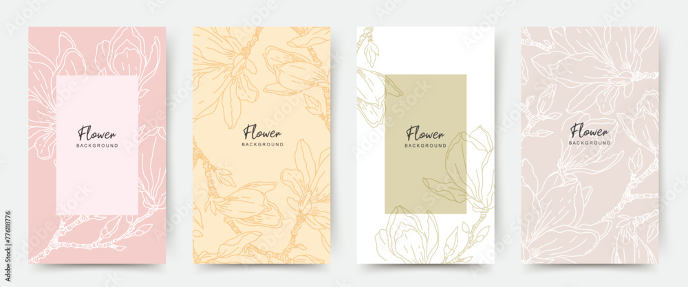 Abstract backgrounds with hand drawn spring floral elements of minimal line art in pastel colors. Vector design templates for card, wedding invitation, poster, flyer, social media post, banner, cover