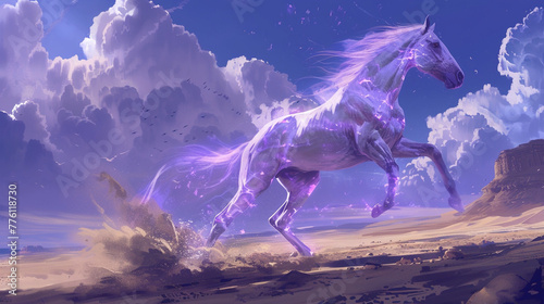 An ethereal lavender horse with an otherworldly aura  gliding effortlessly through the desert sands as if floating on air.