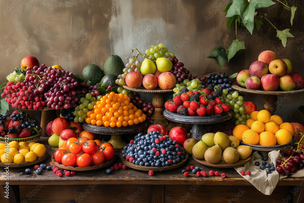 A colorful array of fresh fruits arranged artfully on a rustic wooden table, inviting viewers to indulge in the vibrant flavors of nature A colorful array of fresh fruits arranged artfully on a rustic wooden table, inviting viewers to indulge in the vibrant flavors of nature