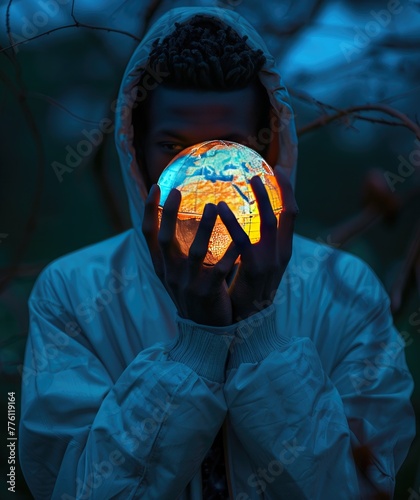 A youthful African individual clutching an illuminated Earth globe