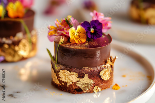 A decadent chocolate dessert adorned with edible flowers and gold leaf, exuding luxury and indulgence in every bite