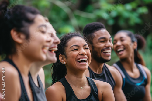 A group of friends laughing and bonding during a outdoor fitness class in the park, surrounded by greenery and fresh air