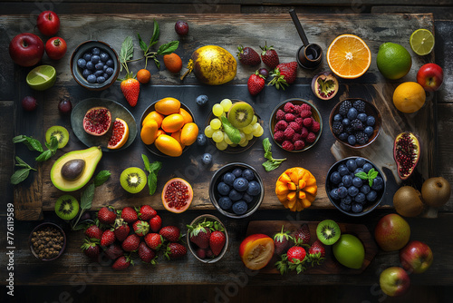 A colorful array of fresh fruits arranged artfully on a rustic wooden table, inviting viewers to indulge in the vibrant flavors of nature