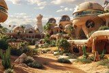 A futuristic village in the middle of the desert with an oasis