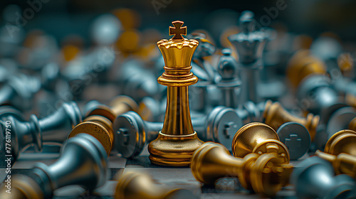 The intricate scene of a golden king amidst toppled pawns highlights the chaos and strategies within the game of chess photo