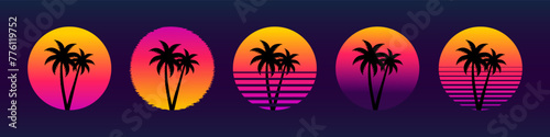 Vintage retro 80s style tropical sunset with palm tree. Retro sunset from 80s. Vintage 80s neon sun collection.