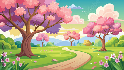 spring-or-summer-field-or-park-with-trees-flower for kids background vector illustration.
