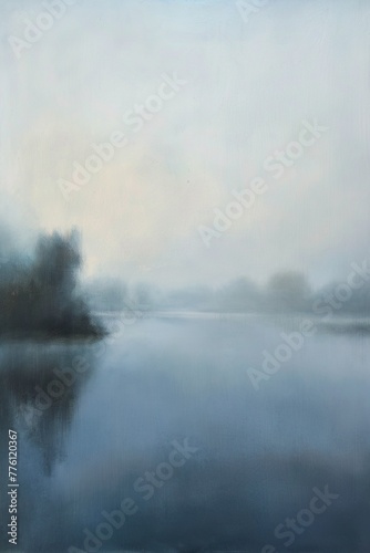 Gemälde einer Landschaft mit See und Bäumen, verträumte Stimmung, Nebel und diffuses Licht, sanfte Farben © MONO