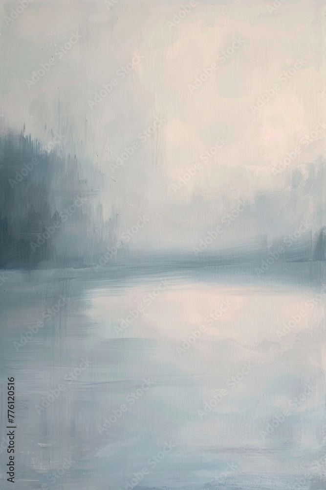Gemälde einer Landschaft mit See und Bäumen, verträumte Stimmung, Nebel und diffuses Licht, sanfte Farben - obrazy, fototapety, plakaty 