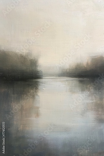 Gemälde einer Landschaft mit See und Bäumen, verträumte Stimmung, Nebel und diffuses Licht, sanfte Farben