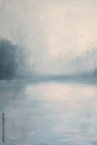 Gem  lde einer Landschaft mit See und B  umen  vertr  umte Stimmung  Nebel und diffuses Licht  sanfte Farben
