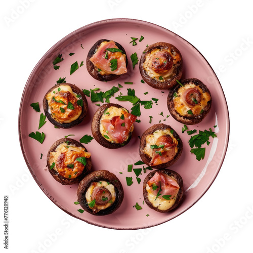 A plate of delicious stuffed mushrooms with cheese and bacon