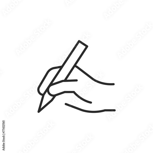 Drawing and writing hand icon for web, mobile, promo for art, stationery, signing papers. Covers hobbies. Single outline, vector illustration.