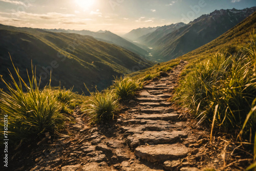 Stone pathway in green highland. Travelling landscape.