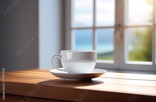 A cup of coffee stands on a table in front of a window.
