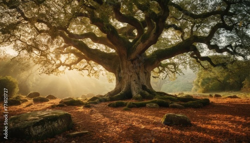 A majestic ancient oak stands proudly in a forest  its sprawling branches bathed in golden sunlight  epitomizing resilience and natural beauty.