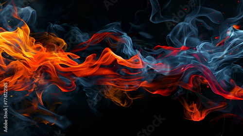 Abstract background of red, orange and blue smoke on a black isolated background , texture of fire on a black background, fire flame, burning fire on a dark area, fire background, fire frame 