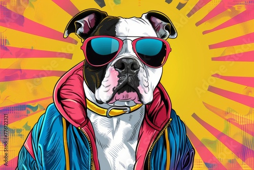 A cool bulldog rocking a colorful jacket and reflective sunglasses in a bold pop art style against a yellow and pink striped backdrop. © doraclub