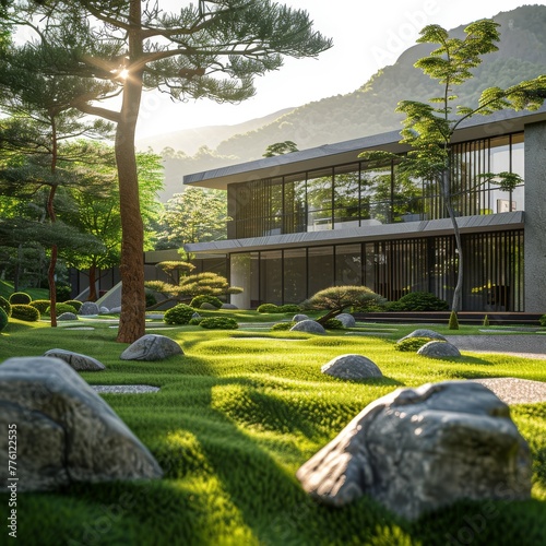 8h realistic photo, a lawn in a mountain forest, chinese pine and several rocks in the lawn, a 2-story modern villa in the background photo