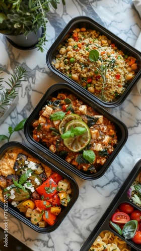 Healthy Meal Prep in Containers on Marble Background