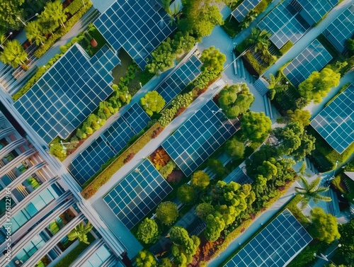 Aerial View of Solar Panels on Rooftop Gardens