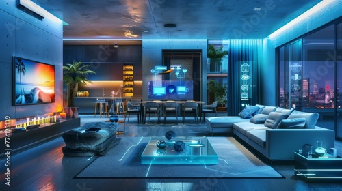 Futuristic Smart Home Living Room with City View