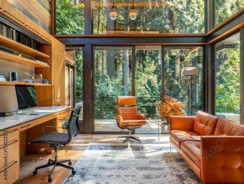 Modern Home Office with Forest View