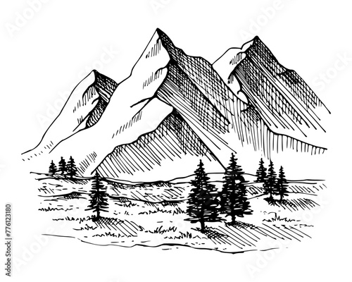 Landscape vector sketch. Hand drawn illustration with painted by black inks on isolated. Engraving nature. Monochrome drawing forest and mountains in line art and doodle style 