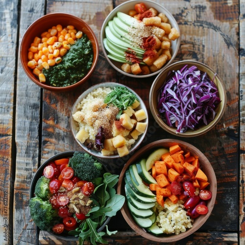 Assorted Vegan Buddha Bowls on Wooden Table