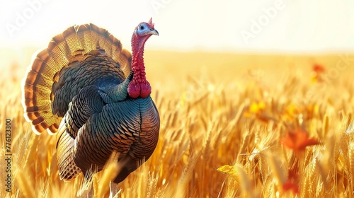  A plump turkey strutting proudly amidst a field of golden wheat  photo