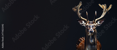 This stunning portrait of a deer with elegant antlers isolated on black evokes a sense of solitude and beauty
