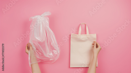 A representation of consumer choice between unsustainable plastic and sustainable eco-friendly fabric tote bag on a pink background photo