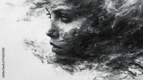 Abstract image of a woman’s serene face with soft colours and flowing lines, evoking peace, stillness, and inner calm. Generate AI.