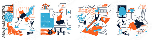 Athletic people characters engaged in home workout scene set