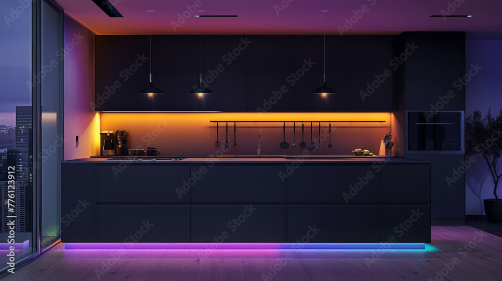 A dark, modern kitchen with colorful, ambient lighting under the cabinets - obrazy, fototapety, plakaty 