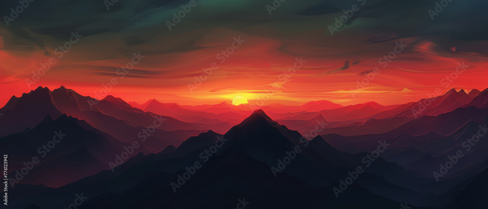 A dark, panoramic view of a mountain range with a vivid, sunrise horizon