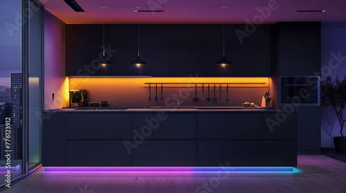 A dark, modern kitchen with colorful, ambient lighting under the cabinets