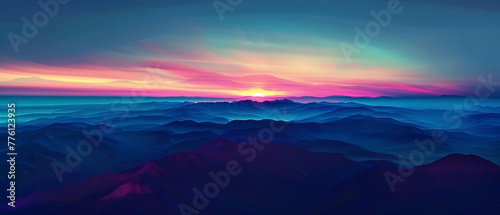 A dark, panoramic view of a mountain range with a vivid, sunrise horizon