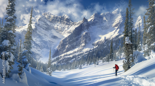 Skier in red jacket pausing to admire the pristine snow-covered mountains and pine trees on a sunny day