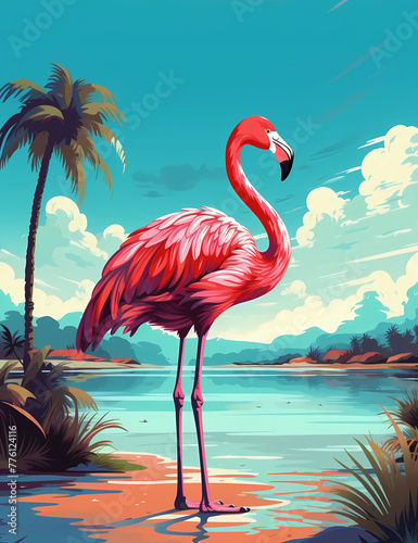 Tropical exotic pink flamingo standing on the beach. holiday travel vacation beach pool party element