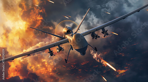 A dramatic image of a military drone soaring through a sky ablaze with fire and smoke, symbolizing conflict and technology photo