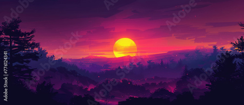 A vivid sunset with rich purples and oranges behind a dark, silhouetted landscape