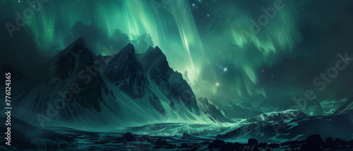 A vivid aurora borealis over a sleek, dark mountain landscape