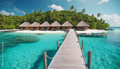 Luxurious overwater bungalows stretching into the turquoise sea of a secluded tropical island with lush greenery