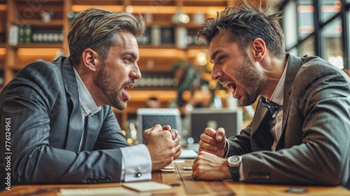 Business conflict between two business men in formal-wear in office. Boss and employee with aggressive expression fight.