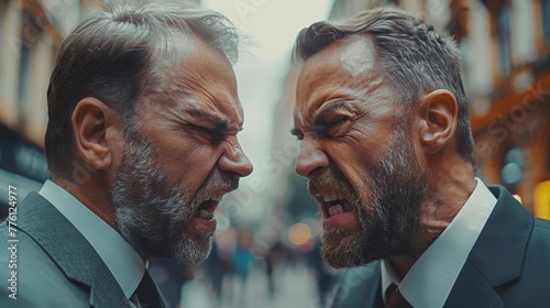 Business conflict between two business men in formal-wear in office. Boss and employee with aggressive expression fight.