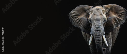 A stunning close-up of an African elephant, showcasing its textured skin, tusks against a dark black background