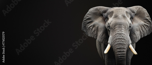 Showcasing the African elephant  this image focuses on the trunk and tusks against a black backdrop