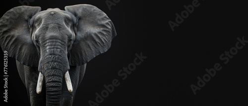 An impactful portrait of an elephant with a focused gaze and strong details against a pure black background